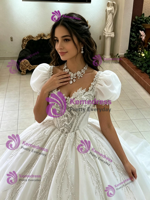 White Puff Sleeve Tulle Quinceanera Dress