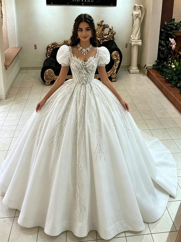 White Puff Sleeve Tulle Quinceanera Dress