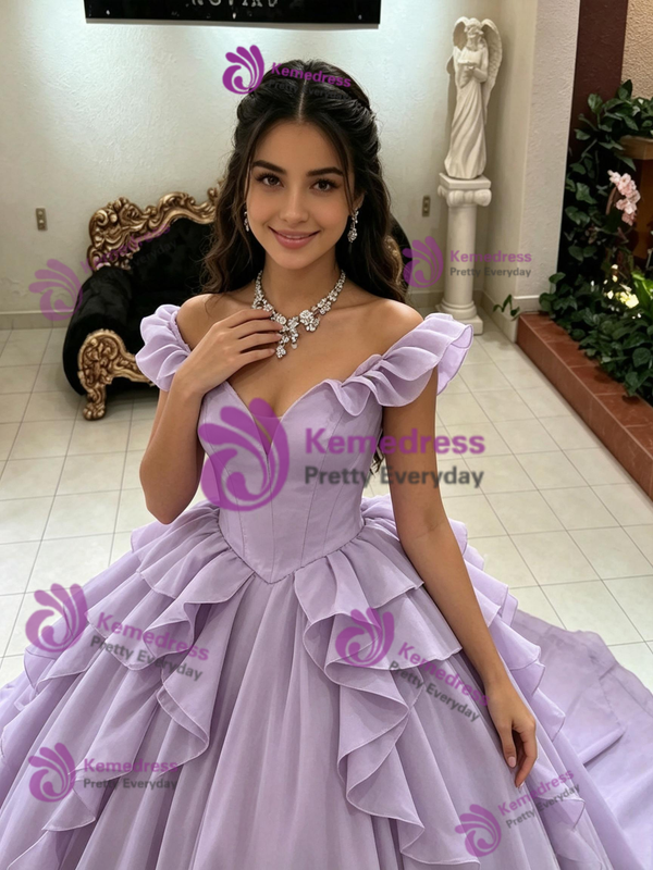 Purple Tulle Off the Shoulder Quinceanera Dress