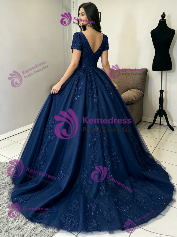 Navy Blue Tulle Off the Shoulder Appliques Quinceanera Dress