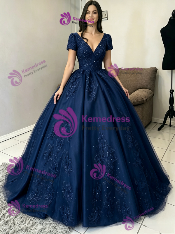 Navy Blue Tulle Off the Shoulder Appliques Quinceanera Dress