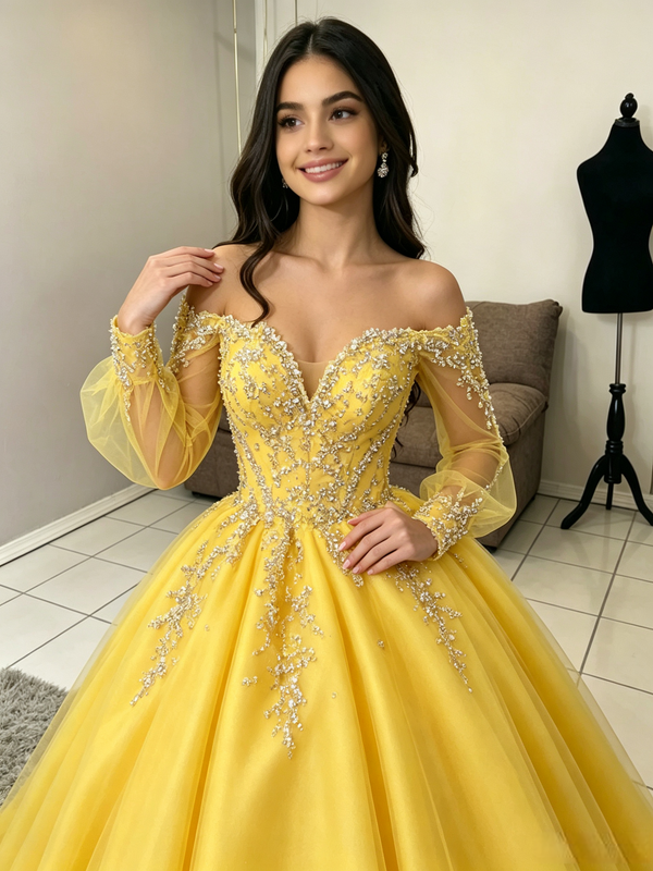 Yellow Tulle Off the Shoulder Quinceanera Dress