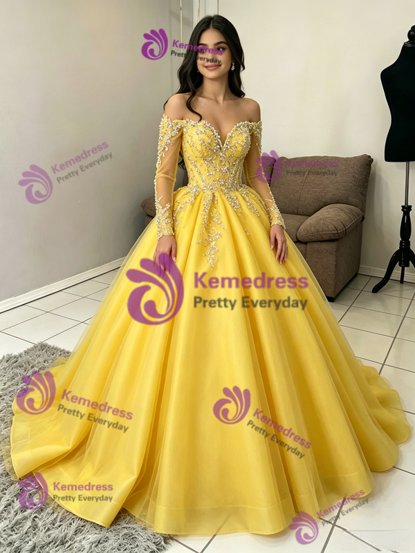 Yellow Tulle Off the Shoulder Quinceanera Dress