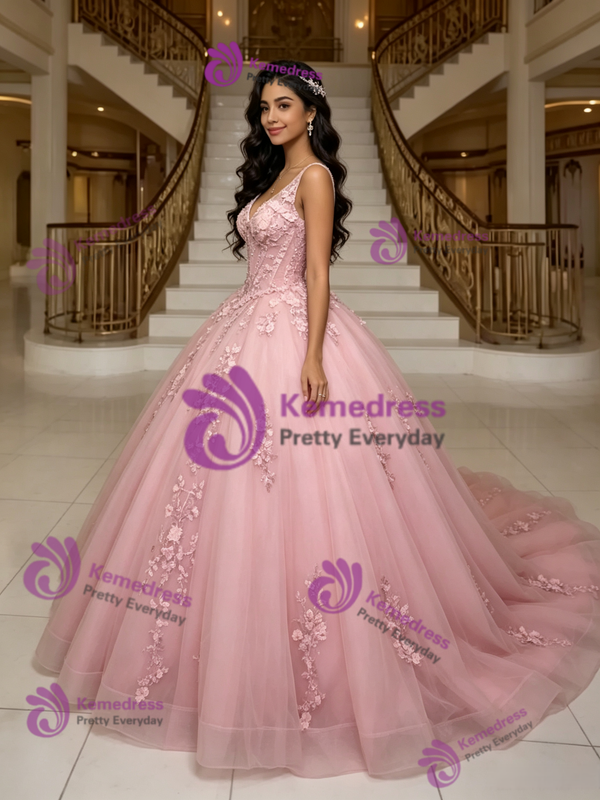 Pink Tulle V-neck Appliques Quinceanera Dress
