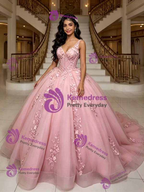 Pink Tulle V-neck Appliques Quinceanera Dress