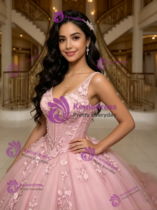 Pink Tulle V-neck Appliques Quinceanera Dress
