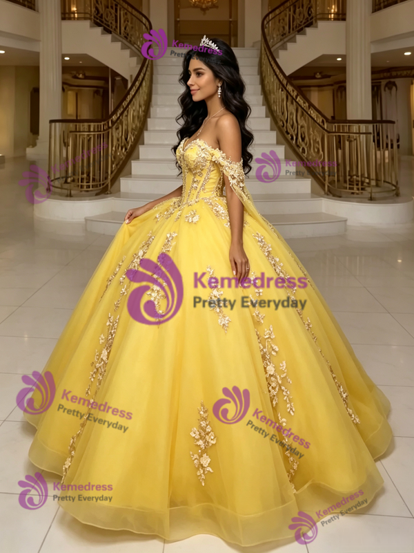 Yellow Tulle Off the Shoulder Appliques Quinceanera Dress