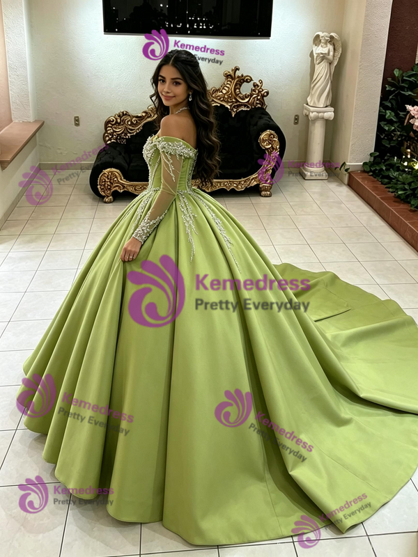 Green Satin Long Sleeve Quinceanera Dress