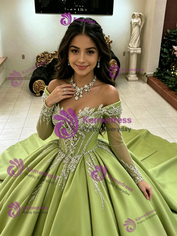 Green Satin Long Sleeve Quinceanera Dress