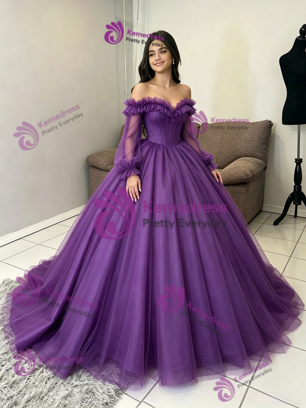 Purple Tulle Off the Shoulder Quinceanera Dress