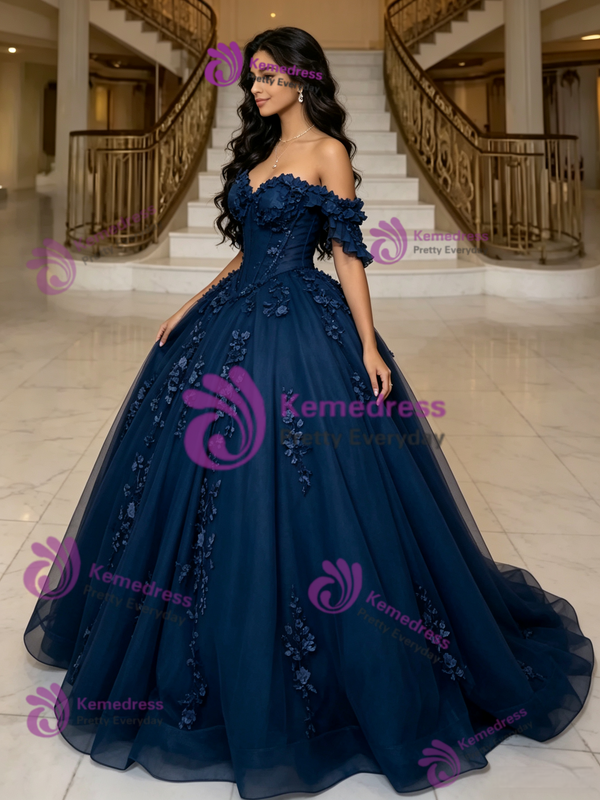 Navy Blue Tulle Off the Shoulder Appliques Quinceanera Dress