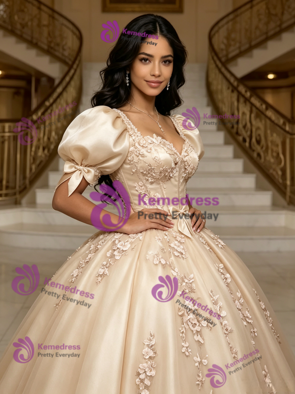 Champagne Tulle Puff Sleeve Appliques Quinceanera Dress