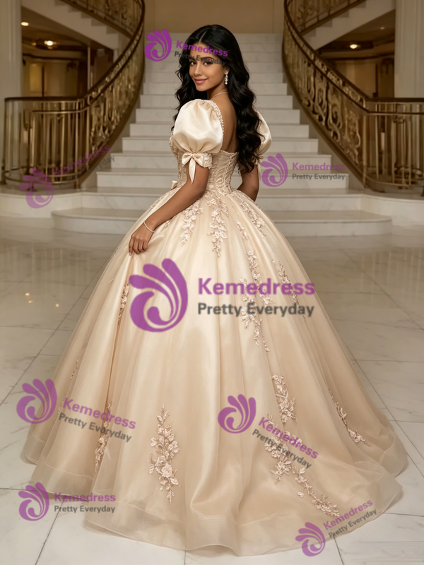 Champagne Tulle Puff Sleeve Appliques Quinceanera Dress