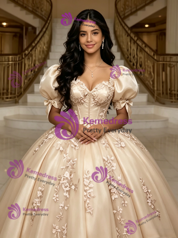 Champagne Tulle Puff Sleeve Appliques Quinceanera Dress