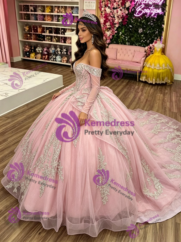 Pink Tulle Off the Shoulder Appliques Quinceanera Dress