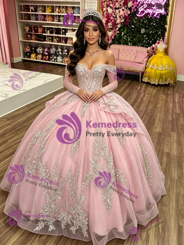 Pink Tulle Off the Shoulder Appliques Quinceanera Dress