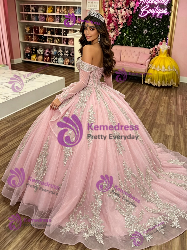 Pink Tulle Off the Shoulder Appliques Quinceanera Dress