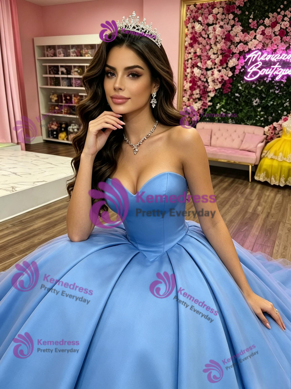 Blue Satin Strapless Pleats Quinceanera Dress