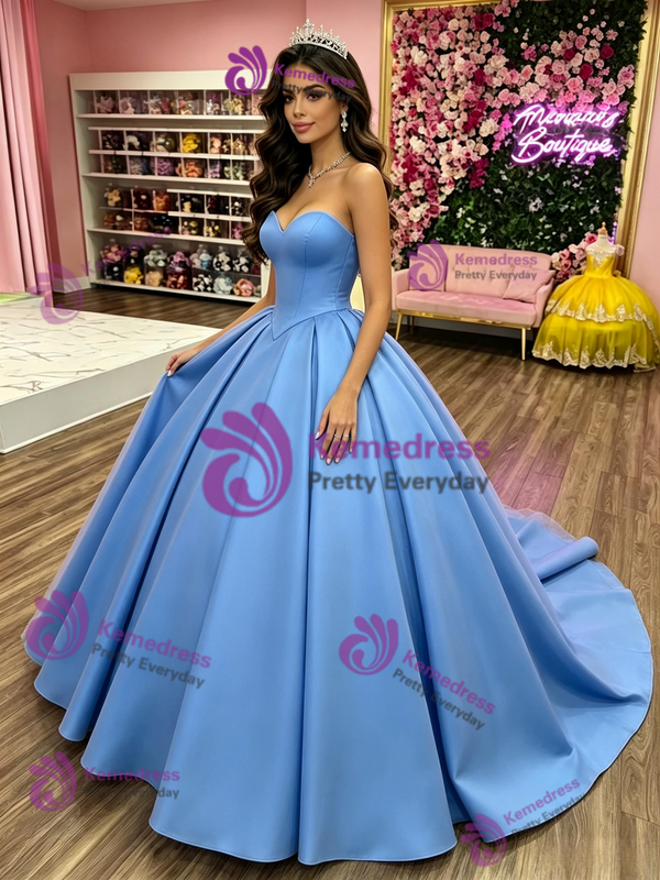 Blue Satin Strapless Pleats Quinceanera Dress