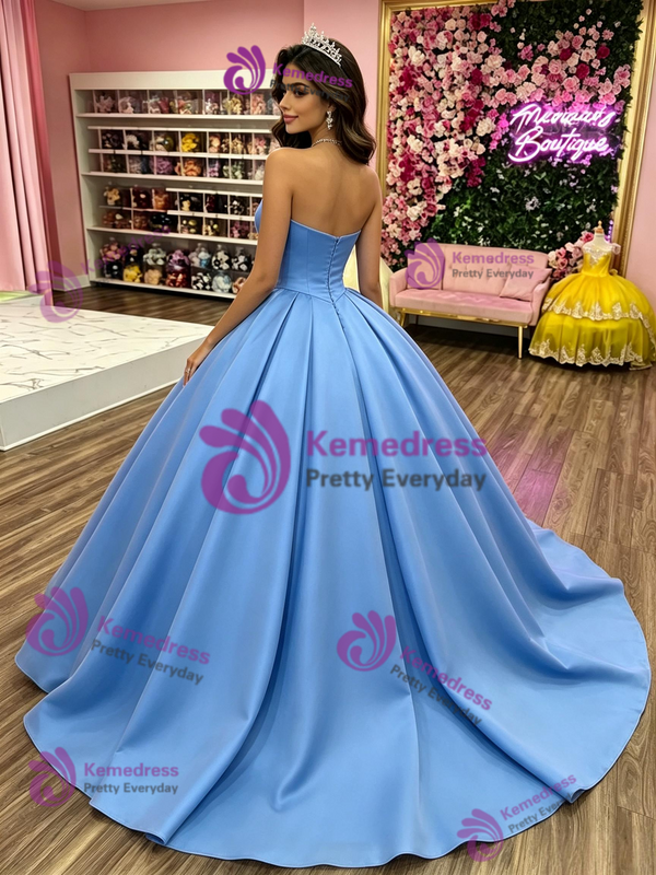 Blue Satin Strapless Pleats Quinceanera Dress
