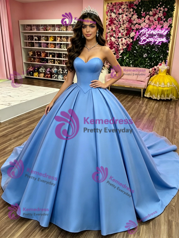 Blue Satin Strapless Pleats Quinceanera Dress