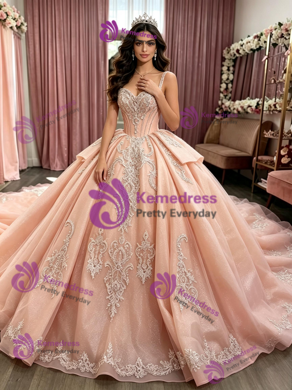 Oragne Tulle Straps Appliques Quinceanera Dress