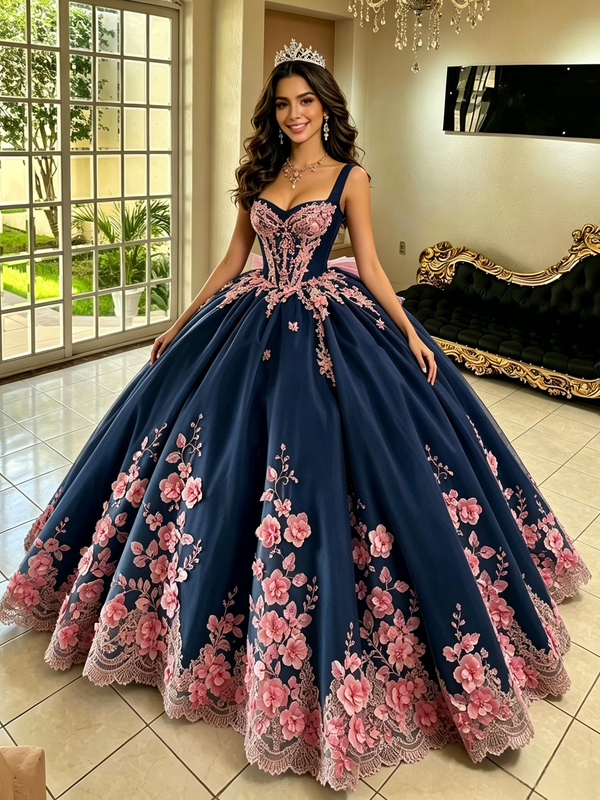 Navy Blue Tulle Appliques Quinceanera Dress