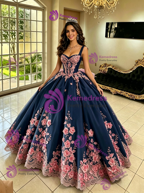 Navy Blue Tulle Appliques Quinceanera Dress