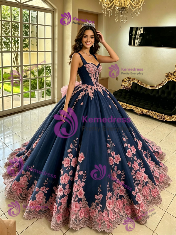 Navy Blue Tulle Appliques Quinceanera Dress