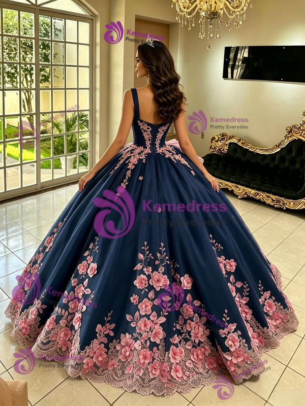 Navy Blue Tulle Appliques Quinceanera Dress
