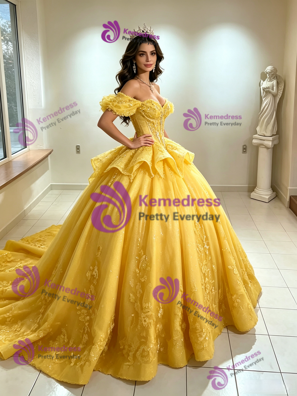 Yellow Tulle Off the Shoulder Appliques Quinceanera Dress