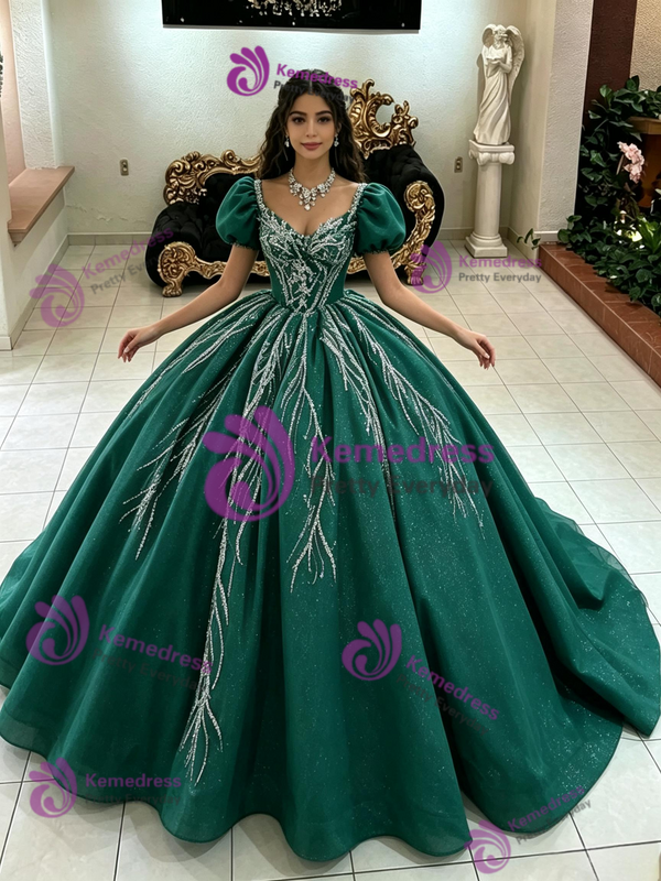 Green Puff Sleeve Sequins Quinceanera Dress