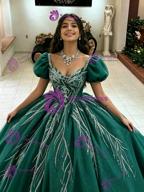 Green Puff Sleeve Sequins Quinceanera Dress