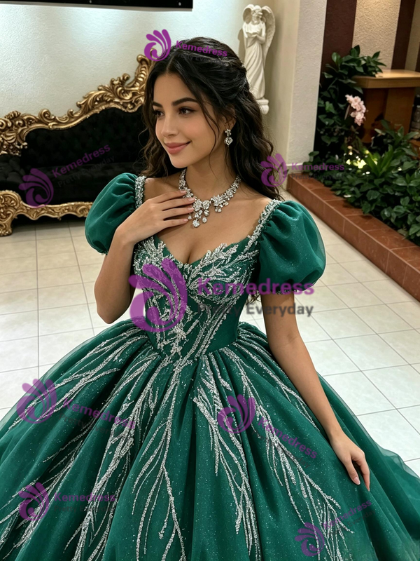 Green Puff Sleeve Sequins Quinceanera Dress