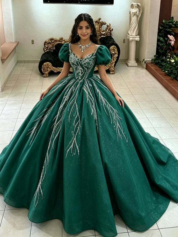 Green Puff Sleeve Sequins Quinceanera Dress