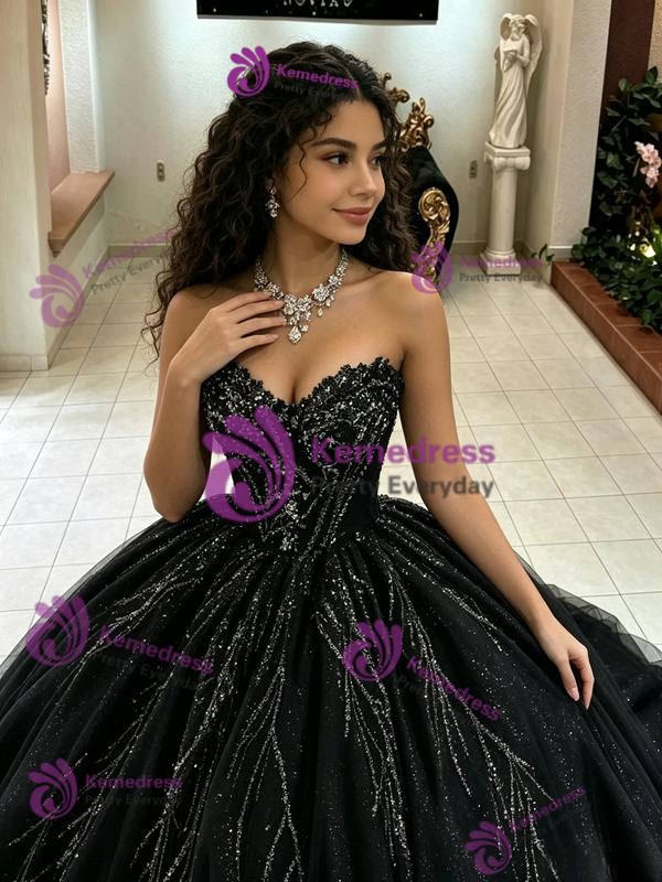 Black Tulle Strapless Sequins Quinceanera Dress