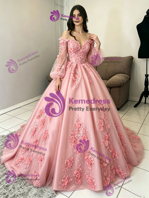 Pink Tulle Long Sleeve Appliques Quinceanera Dress