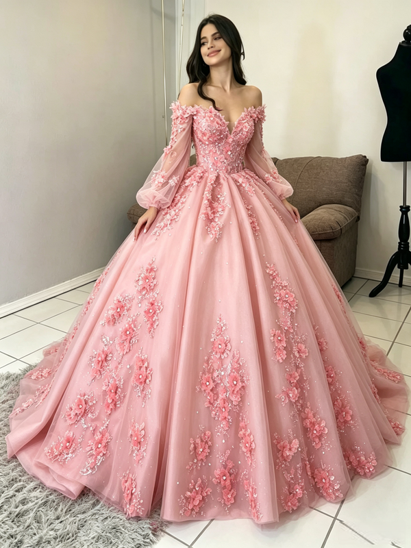 Pink Tulle Long Sleeve Appliques Quinceanera Dress