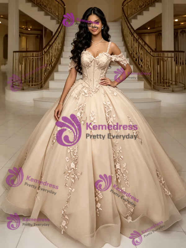 Champagne Tulle Appliques Quinceanera Dress