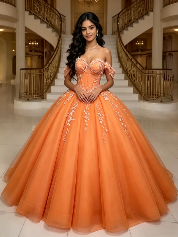 Orange Tulle Off the Shoulder Appliques Quinceanera Dress