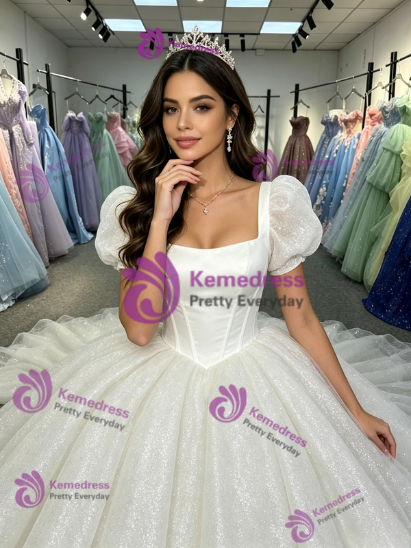 White Sequins Puff Sleeve Quinceanera Dress