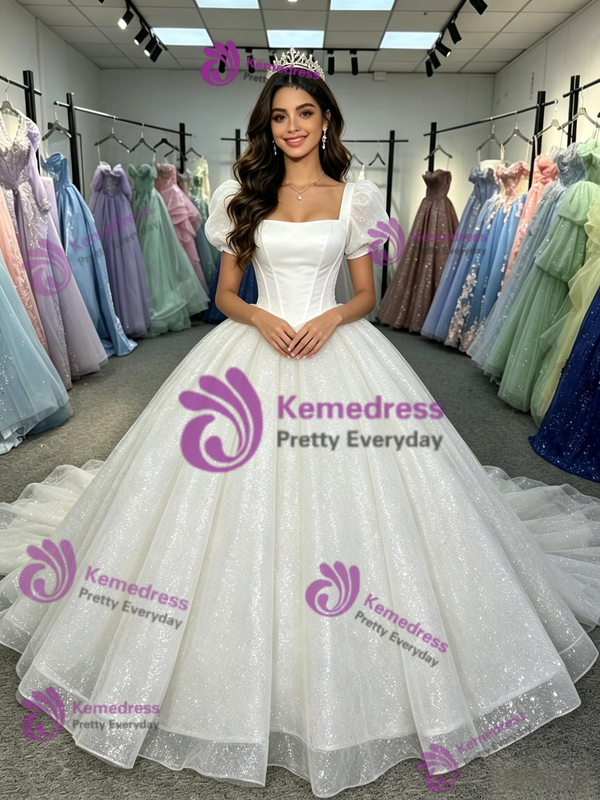 White Sequins Puff Sleeve Quinceanera Dress