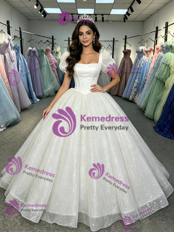 White Sequins Puff Sleeve Quinceanera Dress