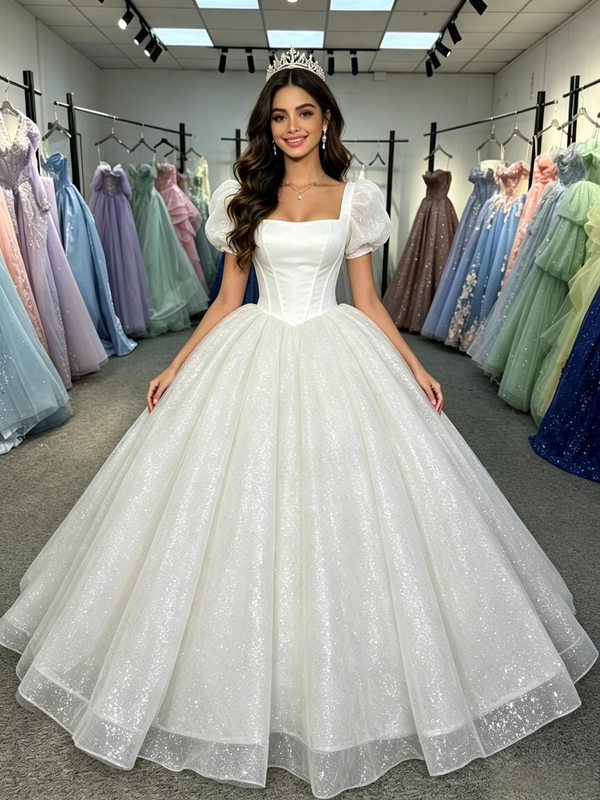 White Sequins Puff Sleeve Quinceanera Dress