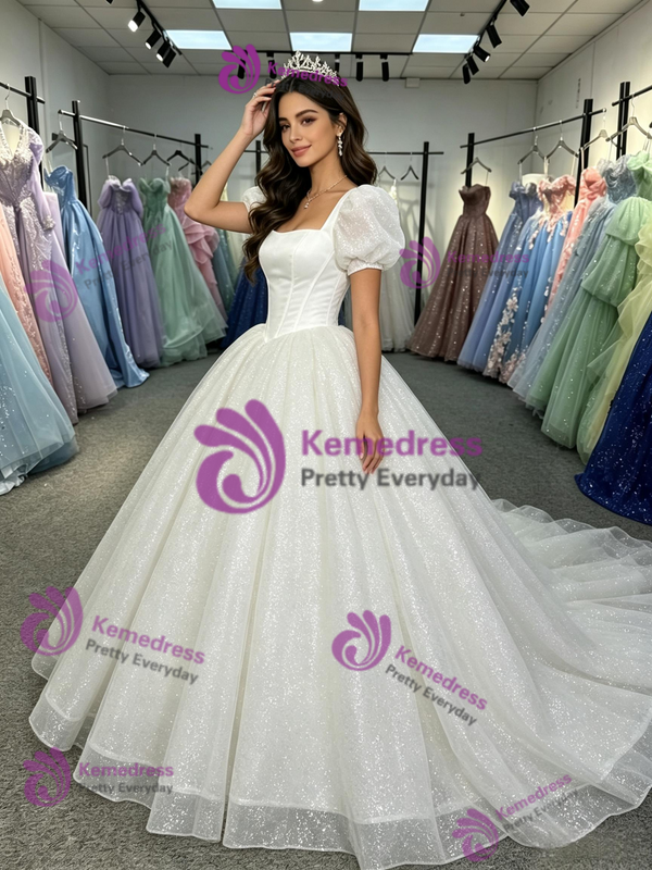 White Sequins Puff Sleeve Quinceanera Dress