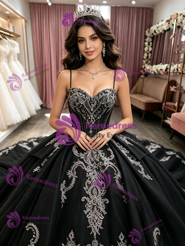 Black Tulle Appliques Quinceanera Dress