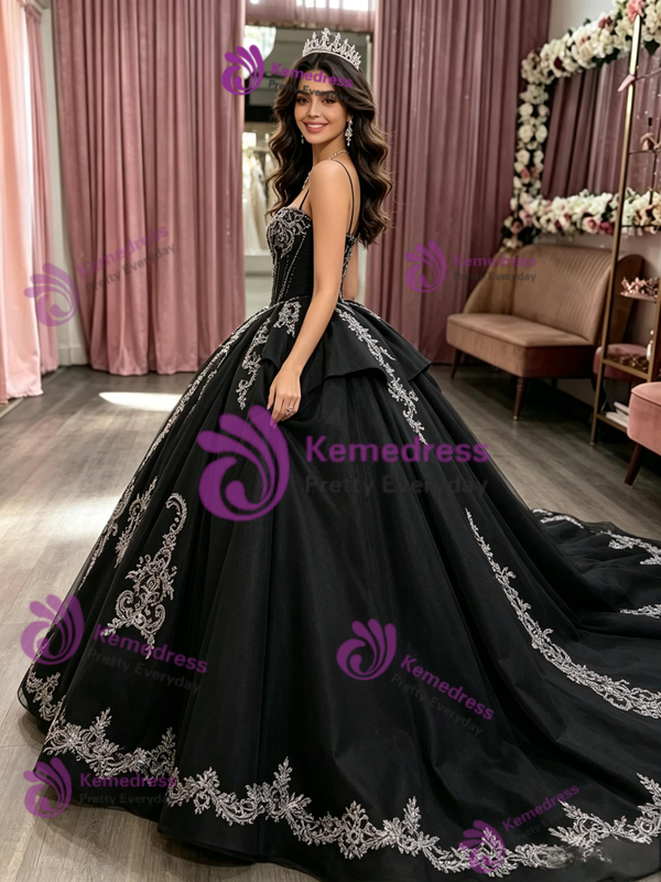 Black Tulle Appliques Quinceanera Dress