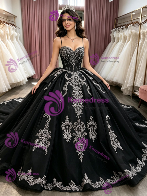 Black Tulle Appliques Quinceanera Dress