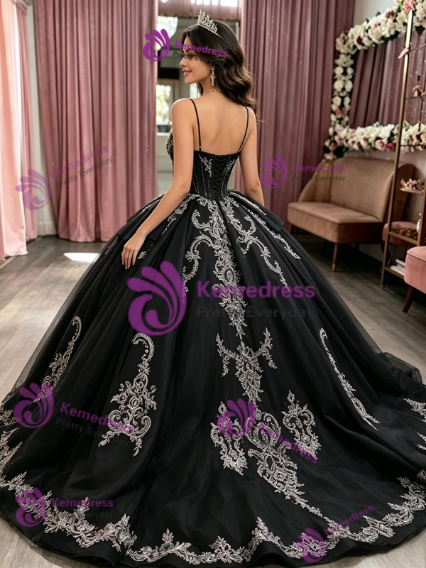 Black Tulle Appliques Quinceanera Dress