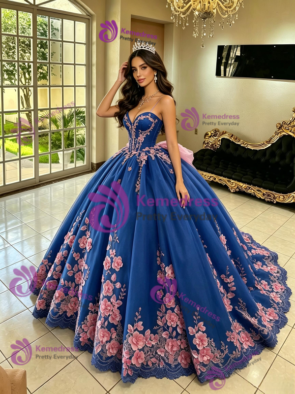 Blue Tulle Appliques Quinceanera Dress